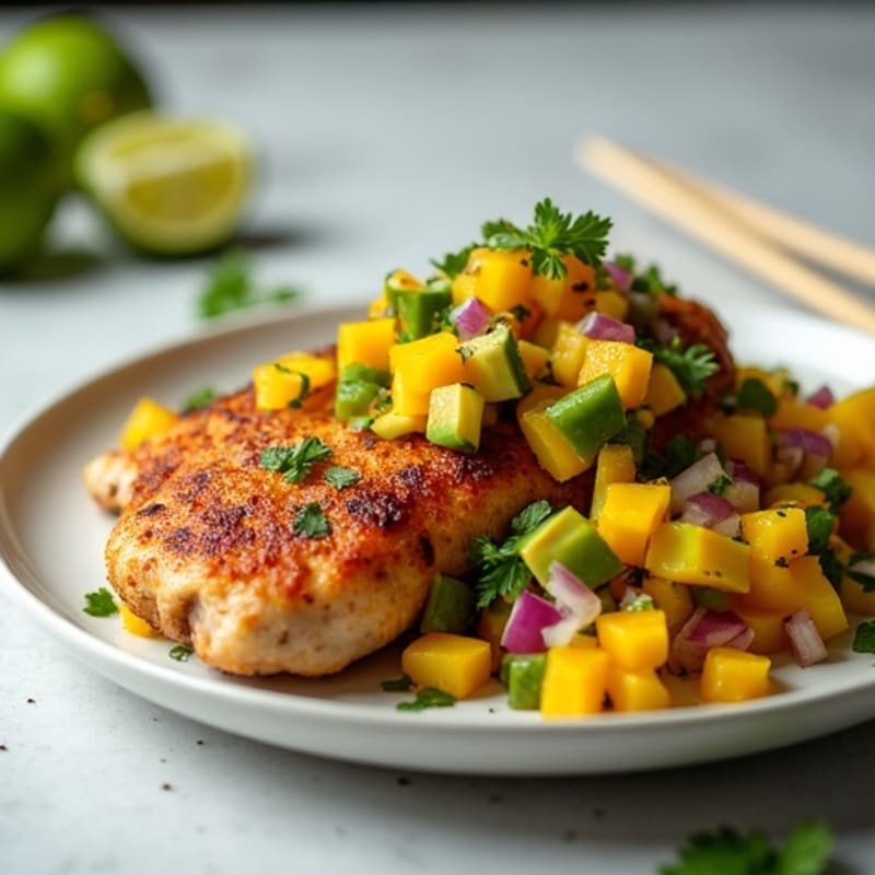 Crispy Pan-Seared Chicken Thighs with Fresh Mango Avocado Salsa