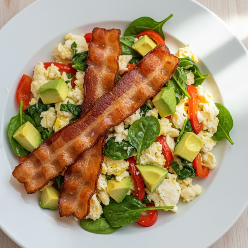 Crispy Turkey Bacon and Egg White Veggie Scramble