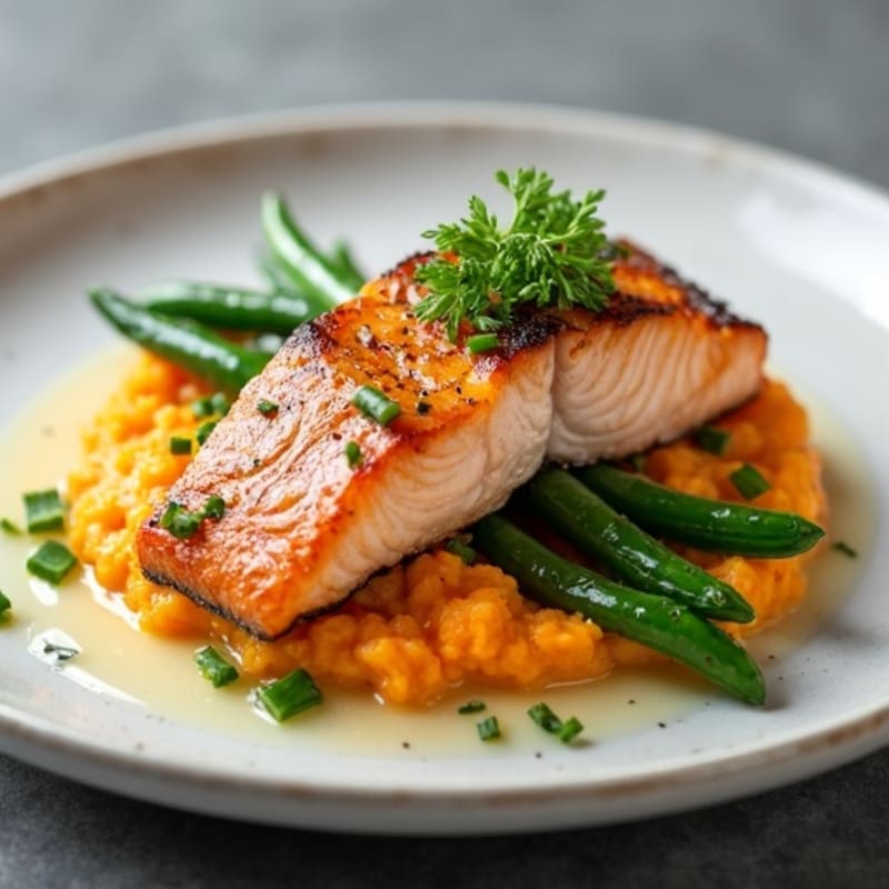 Seared Salmon with Garlic Green Beans and Sweet Potato Mash