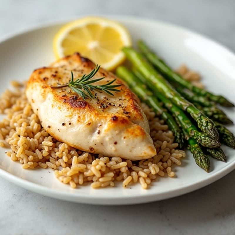 Lemon Herb Roasted Chicken Breast with Fluffy Brown Rice and Roasted Asparagus