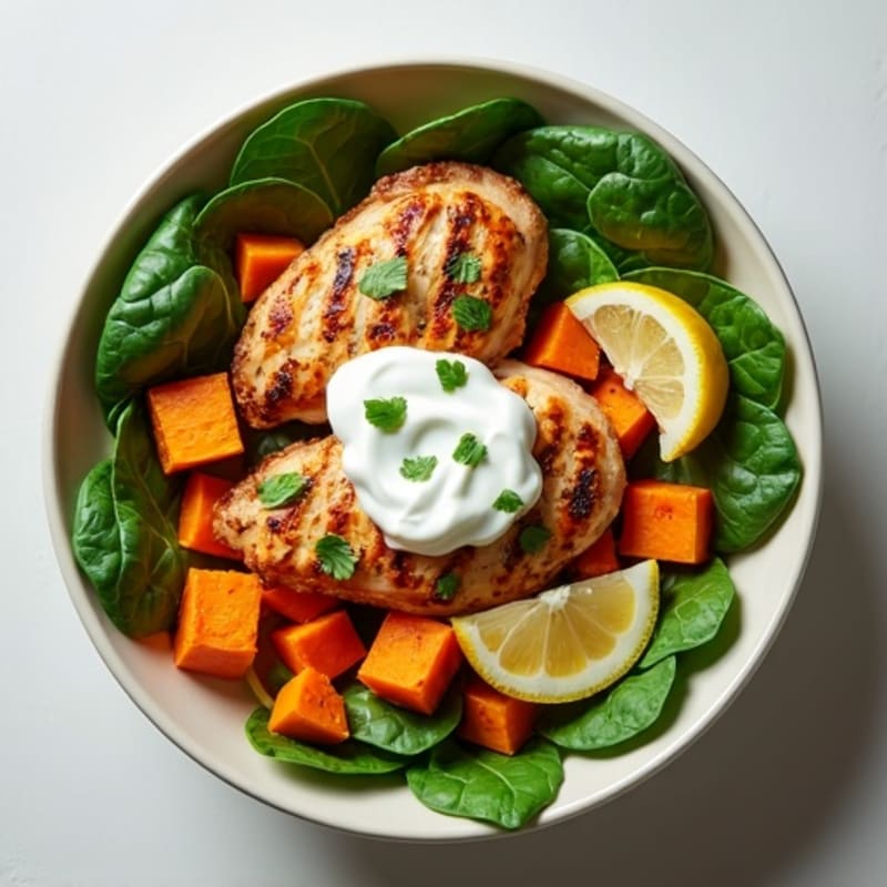 Creamy Chicken and Roasted Sweet Potato Bowl