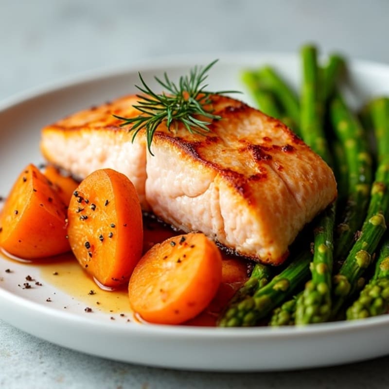 Seared Salmon with Roasted Sweet Potatoes and Asparagus