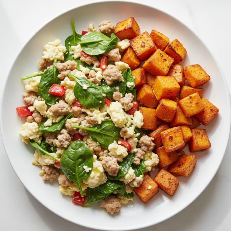 Egg White and Turkey Sausage Scramble with Roasted Sweet Potatoes