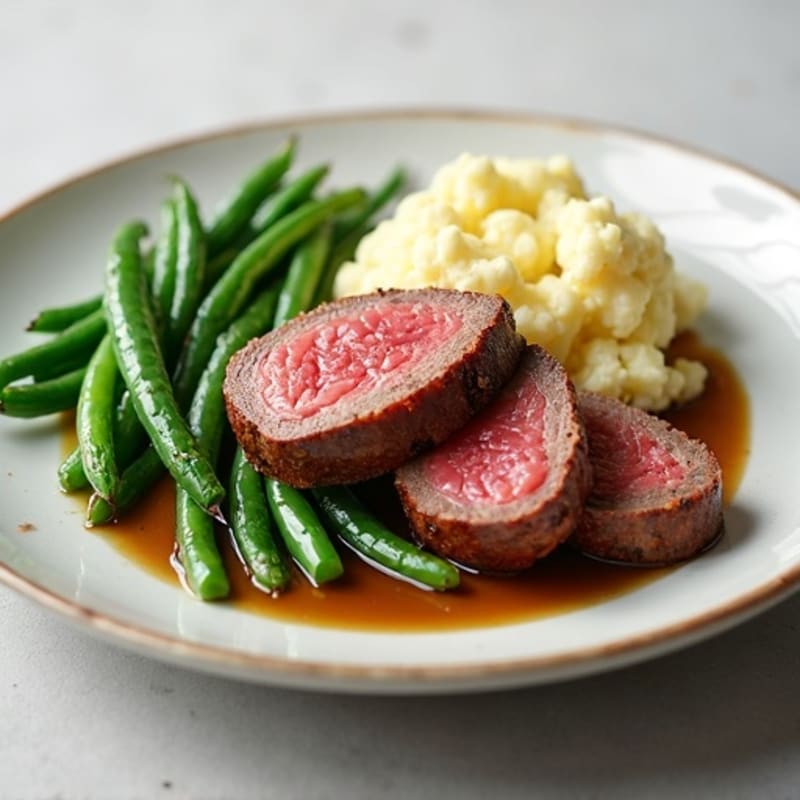 Seared Beef Tenderloin with Garlic Green Beans and Mashed Cauliflower