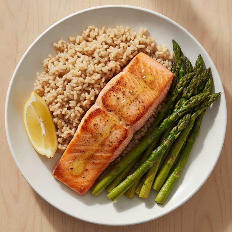 Seared Salmon Fillet with Roasted Asparagus and Brown Rice