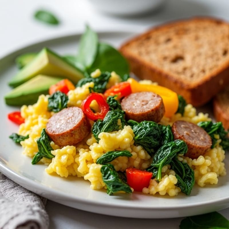 Egg White Spinach Scramble with Turkey Sausage and Sautéed Peppers