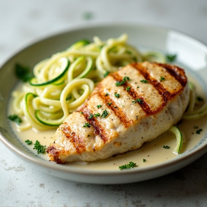 Creamy Cauliflower Alfredo Chicken with Zucchini Noodles