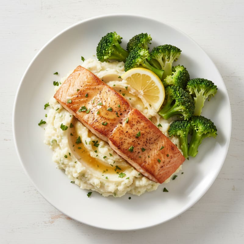 Seared Salmon with Steamed Broccoli and Garlic Mashed Potatoes