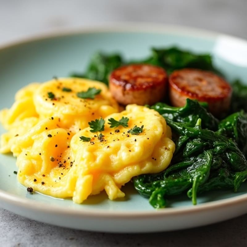 Fluffy Scrambled Eggs with Sautéed Spinach and Turkey Sausage