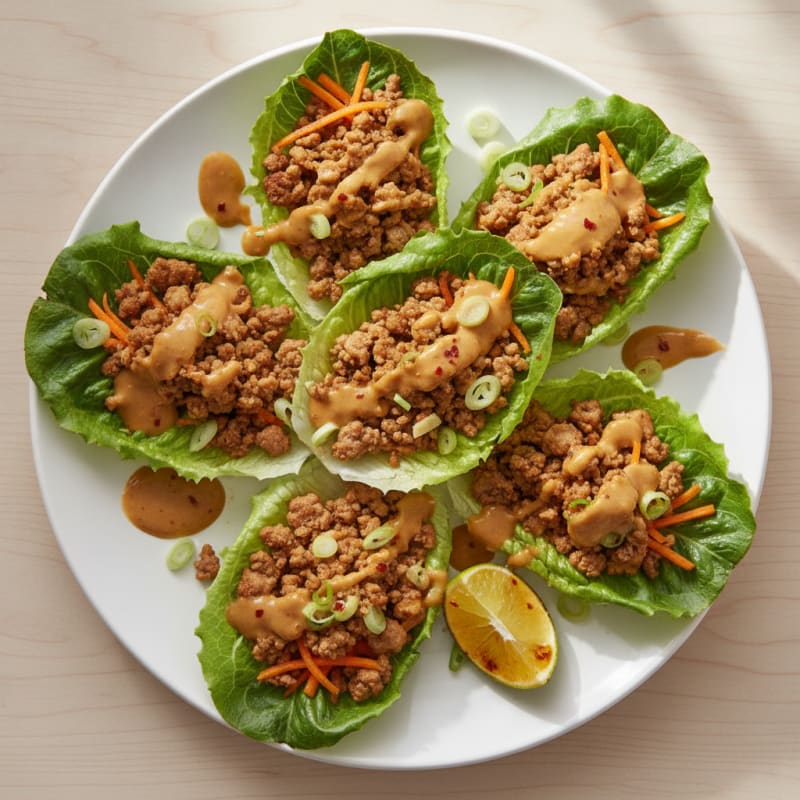 Turkey Mince Lettuce Wraps with Peanut Sauce