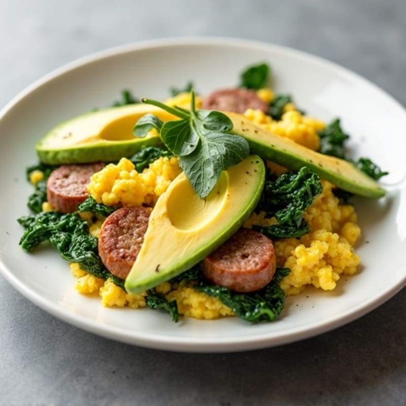 Egg White Scramble with Turkey Sausage and Sautéed Spinach