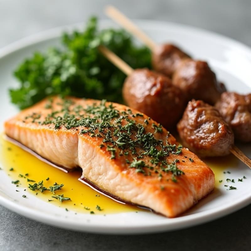 Herb-Crusted Salmon with Roasted Chicken and Beef Kabobs