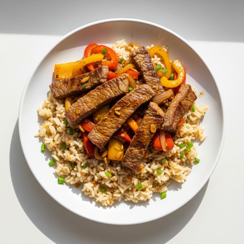 Tender Pan-Seared Pepper Steak with Garlic Rice