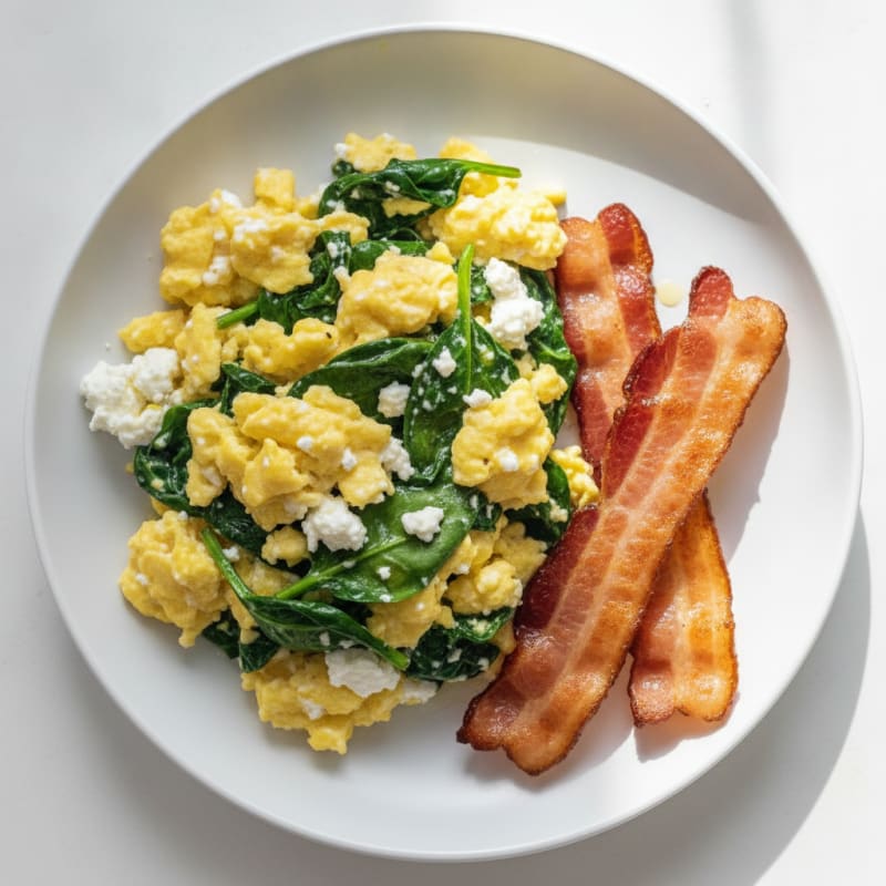 Cottage Cheese Egg Scramble with Spinach and Turkey Bacon