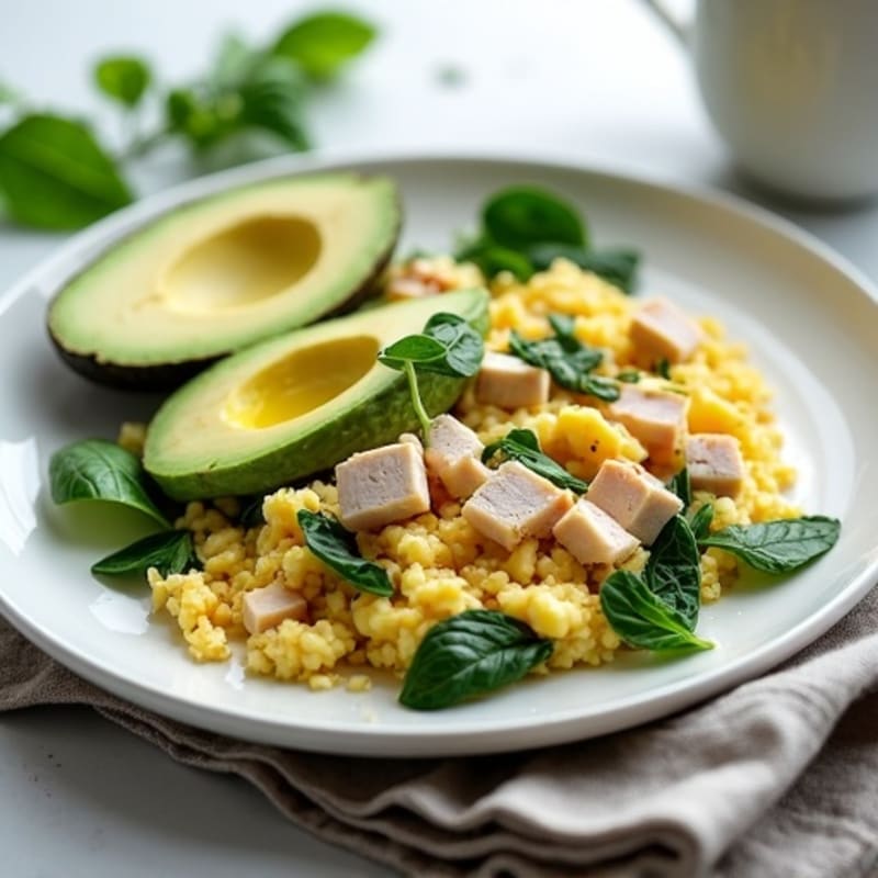 Egg White Spinach Scramble with Cottage Cheese and Sliced Turkey