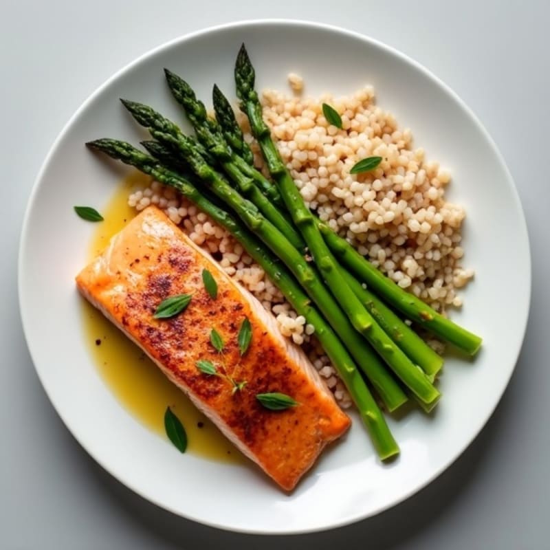 Seared Salmon Fillet with Steamed Asparagus and Brown Rice