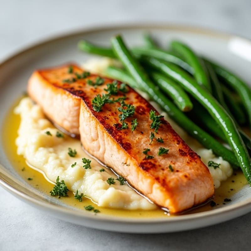 Seared Salmon with Garlic Green Beans and Cauliflower Mash