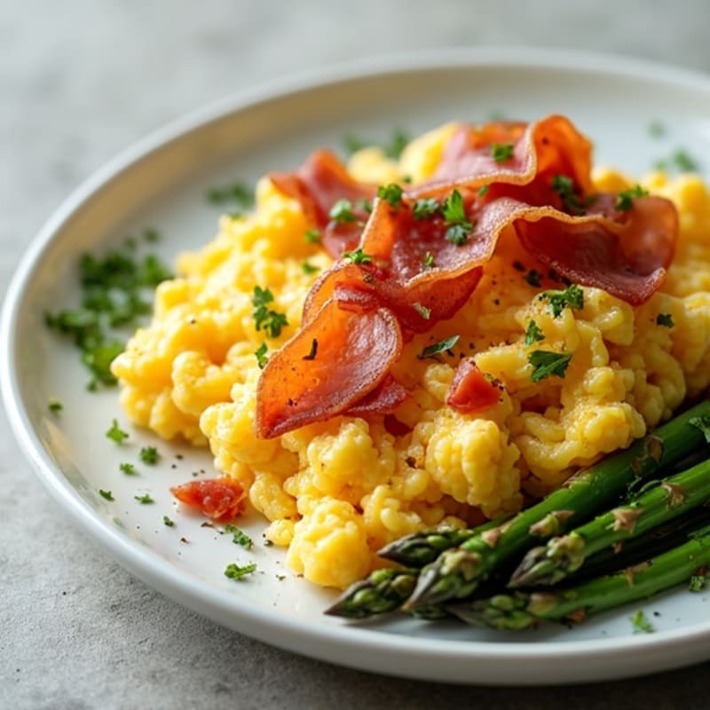 Crispy Prosciutto and Egg Scramble with Roasted Asparagus