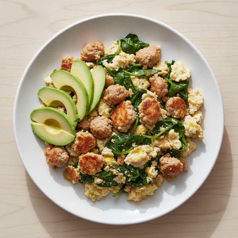 Egg White Spinach Scramble with Turkey Sausage