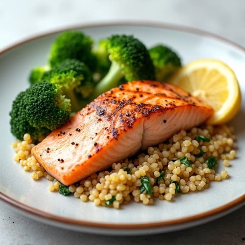 Seared Salmon with Steamed Broccoli and Quinoa