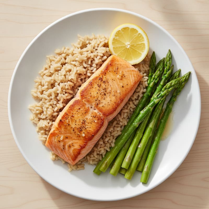 Seared Salmon Fillet with Steamed Asparagus and Brown Rice