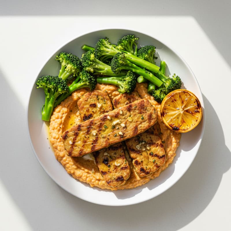 Herb-Grilled Tempeh with Creamy Lentil Mash and Steamed Broccoli
