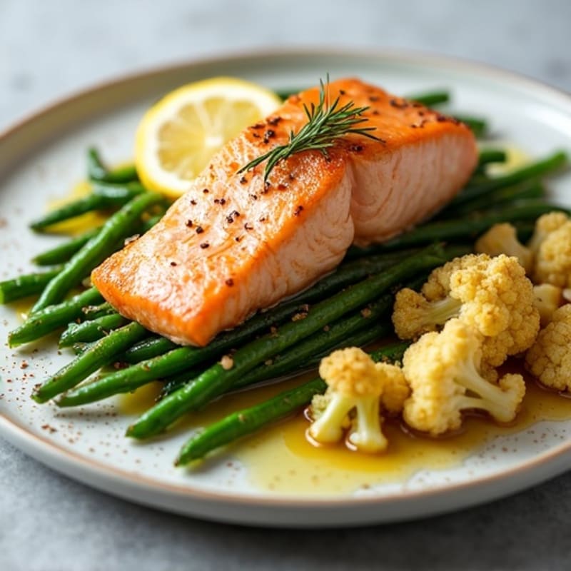 Seared Salmon with Garlic Green Beans and Roasted Cauliflower