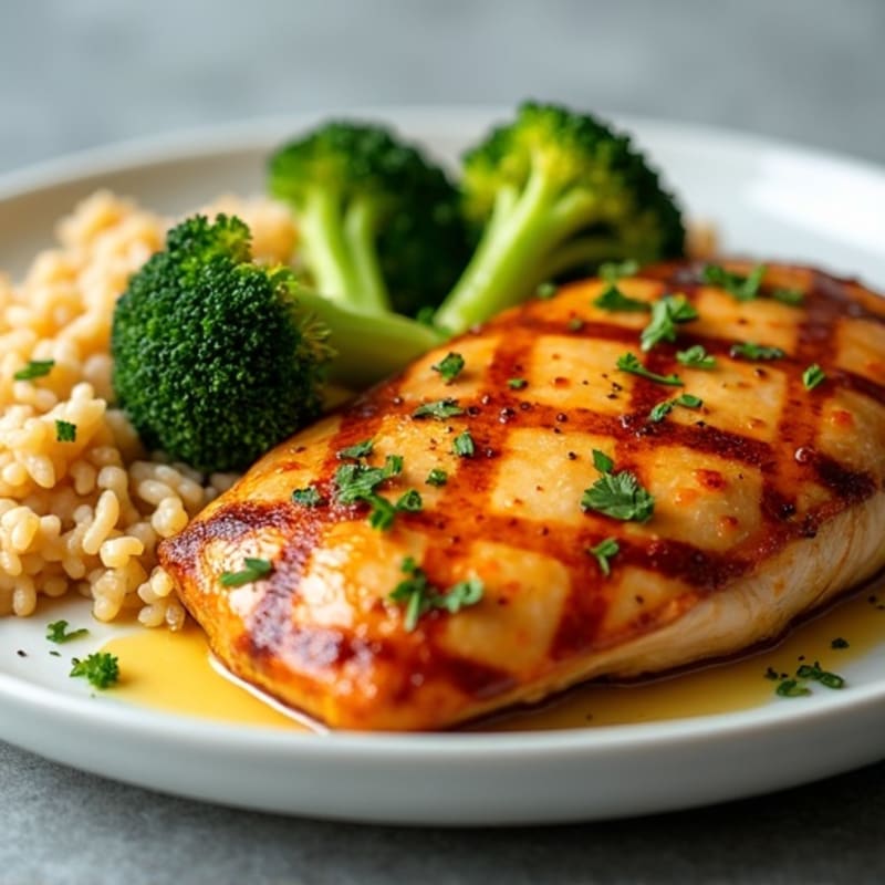 Honey-Garlic Pan Seared Chicken with Ginger Rice and Roasted Broccoli
