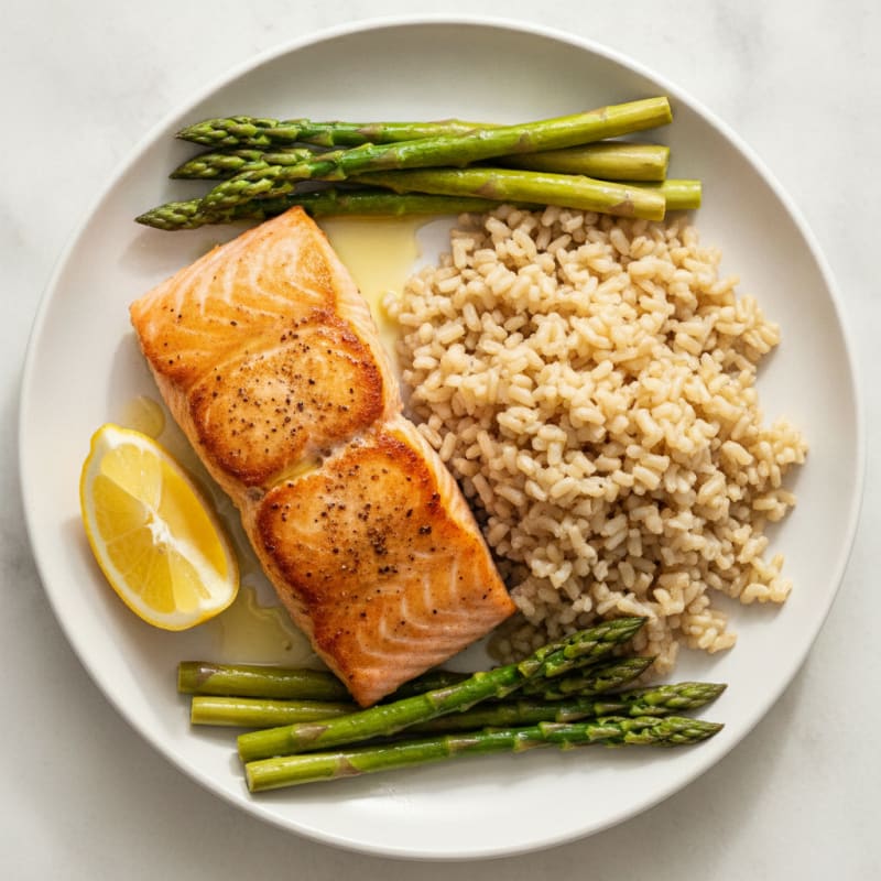 Seared Salmon with Steamed Asparagus and Brown Rice