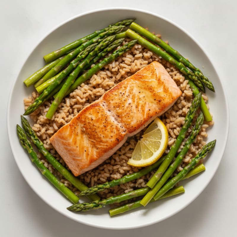 Seared Salmon with Steamed Asparagus and Brown Rice
