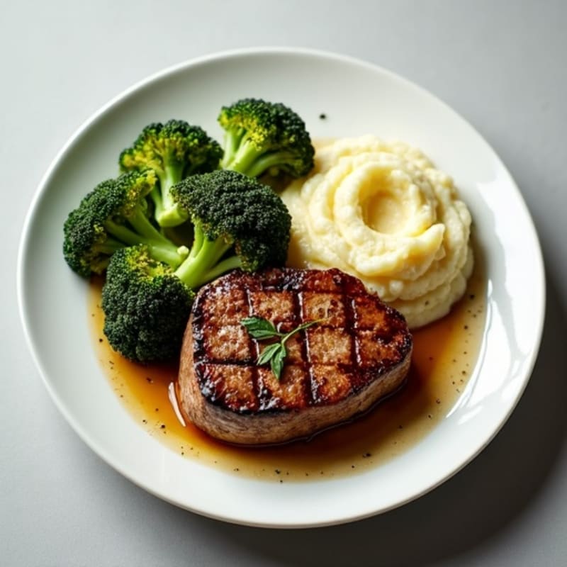 Seared Lean Beef with Roasted Broccoli and Garlic Mashed Cauliflower