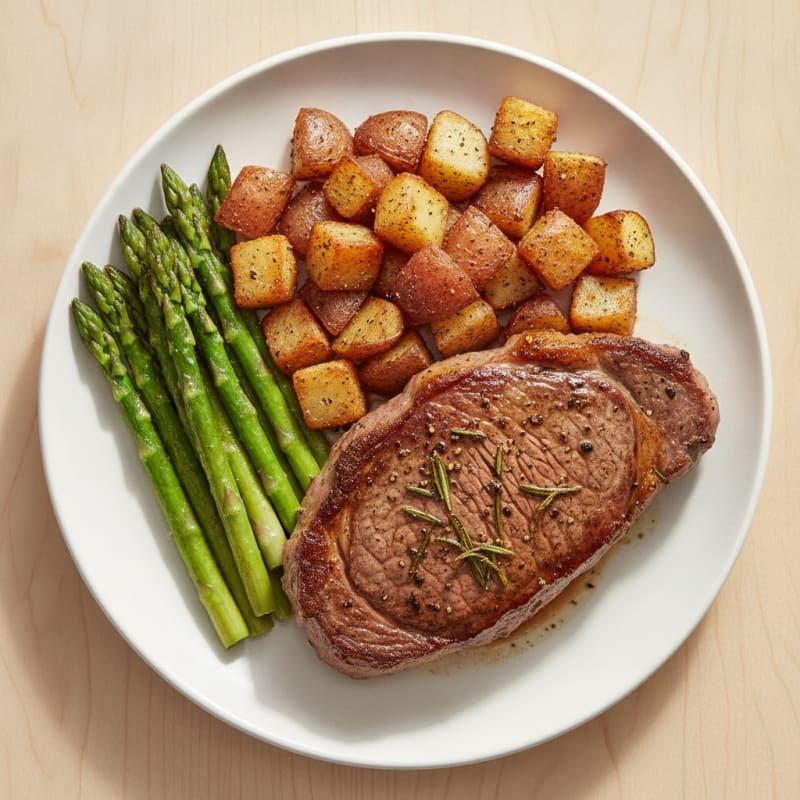 Pan-Seared Steak with Roasted Asparagus and Potatoes