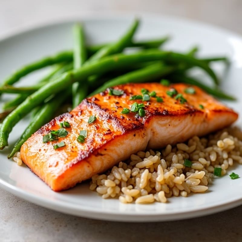 Seared Salmon with Garlic Green Beans and Brown Rice