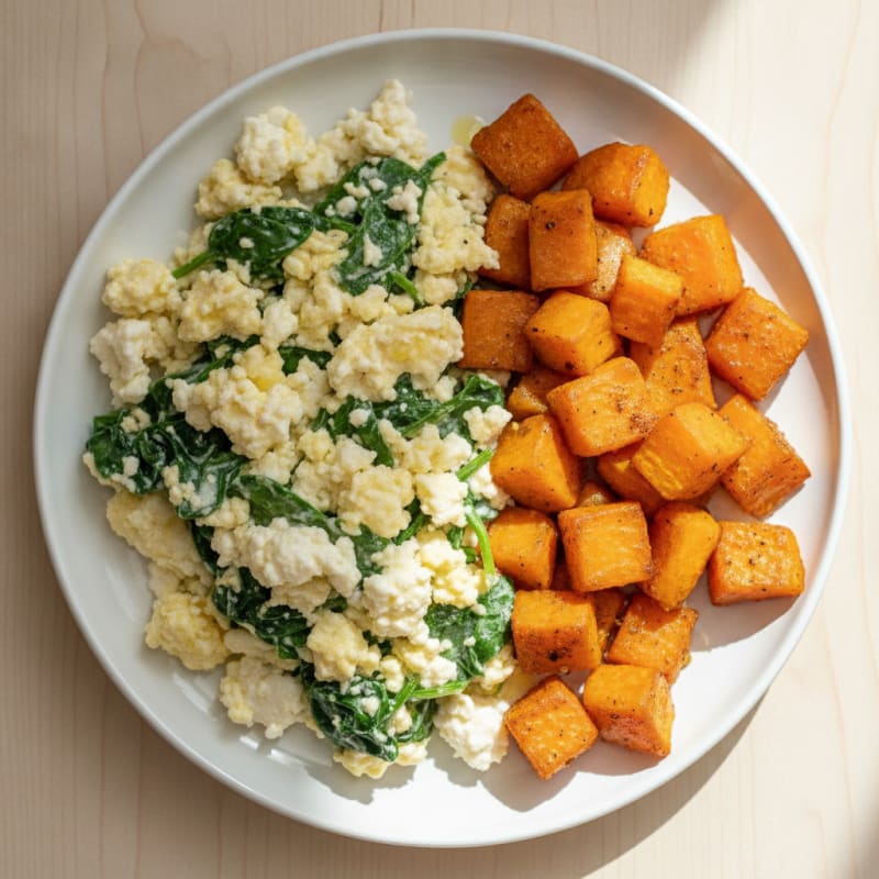 Cottage Cheese Scramble with Spinach and Roasted Sweet Potatoes