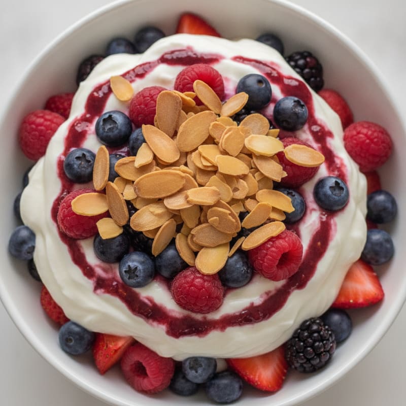 Greek Yogurt Protein Parfait with Mixed Berries and Almonds