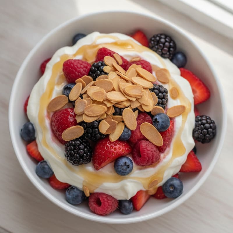 Greek Yogurt Protein Parfait with Mixed Berries and Almonds