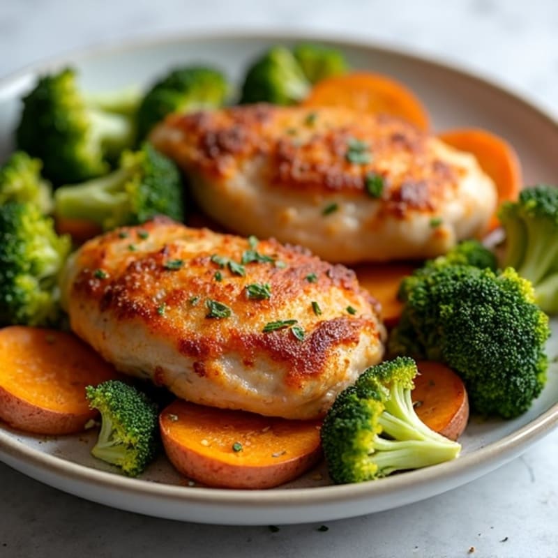 Crispy Baked Chicken Thighs with Roasted Broccoli and Sweet Potatoes