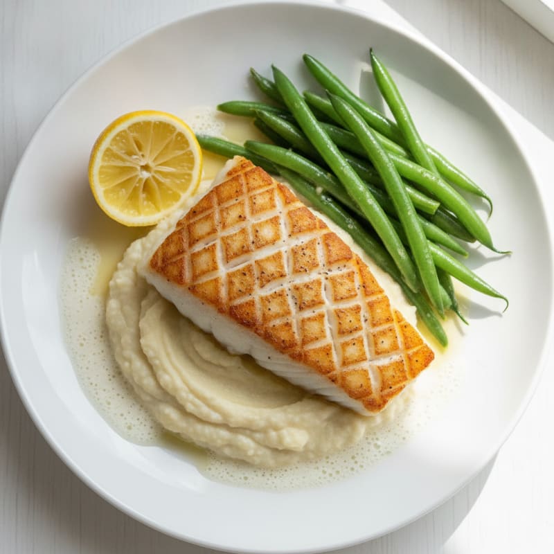 Seared Cod with Steamed Green Beans and Cauliflower Mash