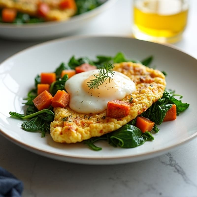 Egg White Spinach Scramble with Turkey Sausage and Roasted Sweet Potato