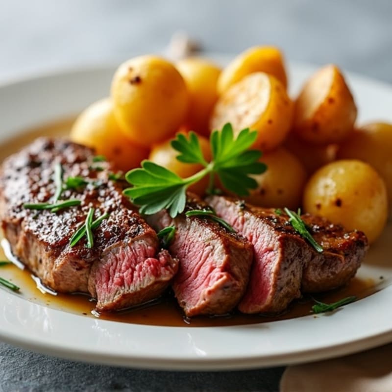 Pan-Seared Garlic Steak with Crispy Roasted Potatoes
