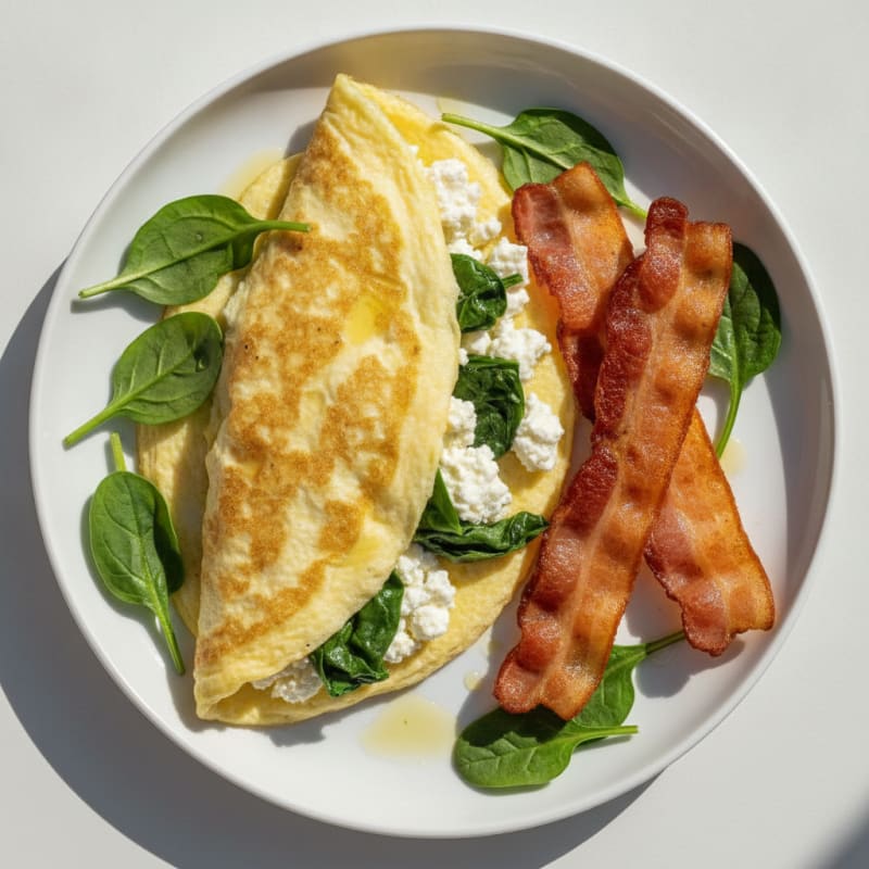 Egg White Spinach Omelette with Cottage Cheese and Turkey Bacon
