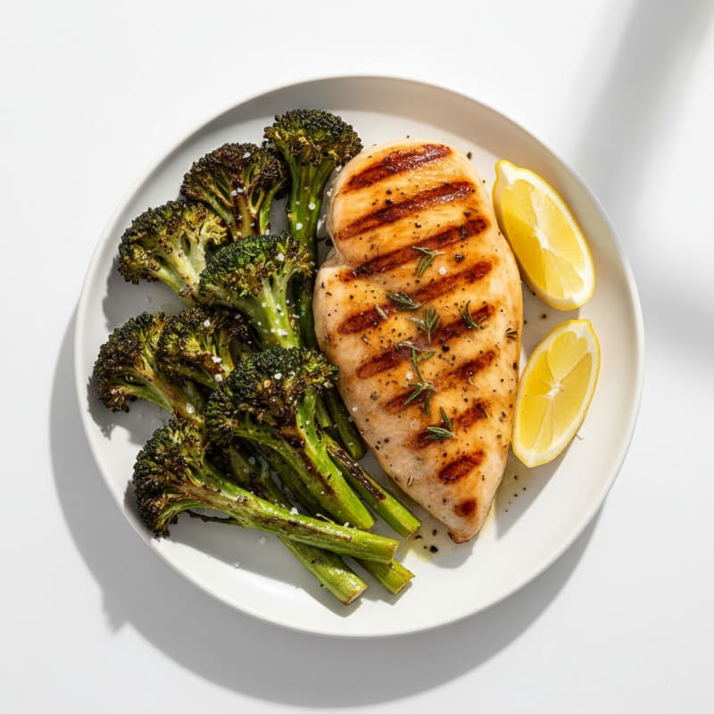 Grilled Chicken Breast with Roasted Broccoli and Lemon