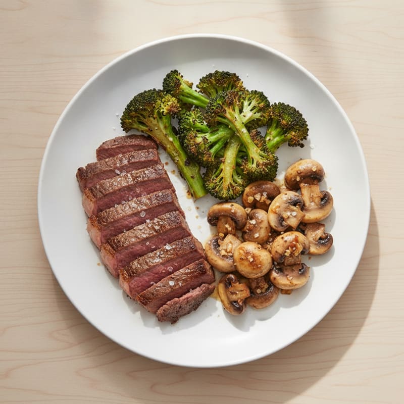 Seared Lean Beef with Roasted Broccoli and Garlic Mushrooms