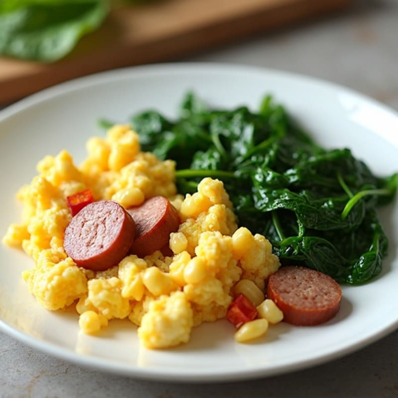 Egg White and Turkey Sausage Scramble with Sautéed Spinach