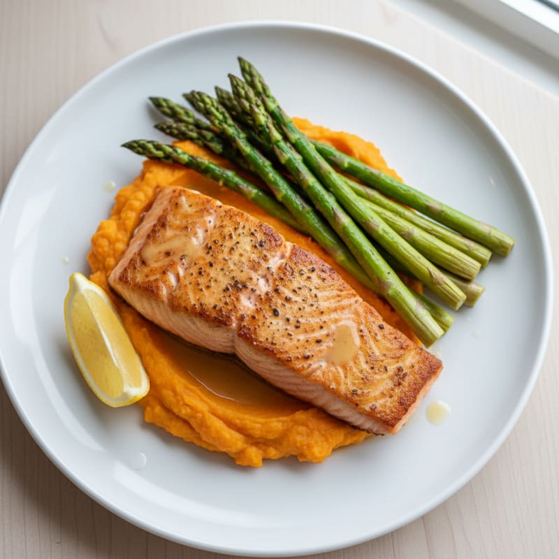 Seared Salmon with Roasted Asparagus and Sweet Potato Mash
