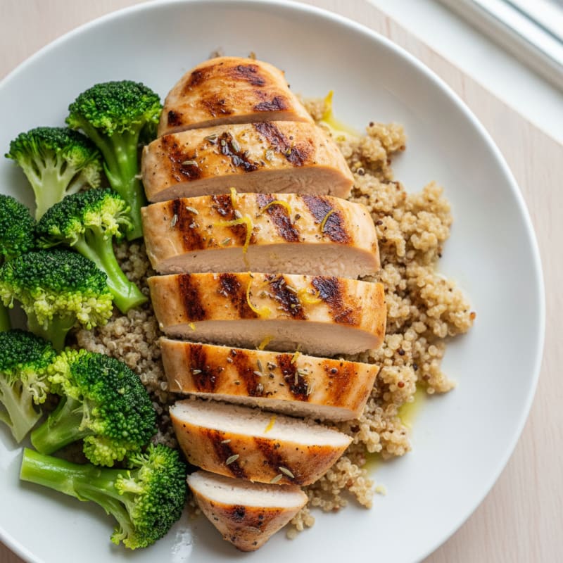 Grilled Chicken Breast with Quinoa and Steamed Broccoli