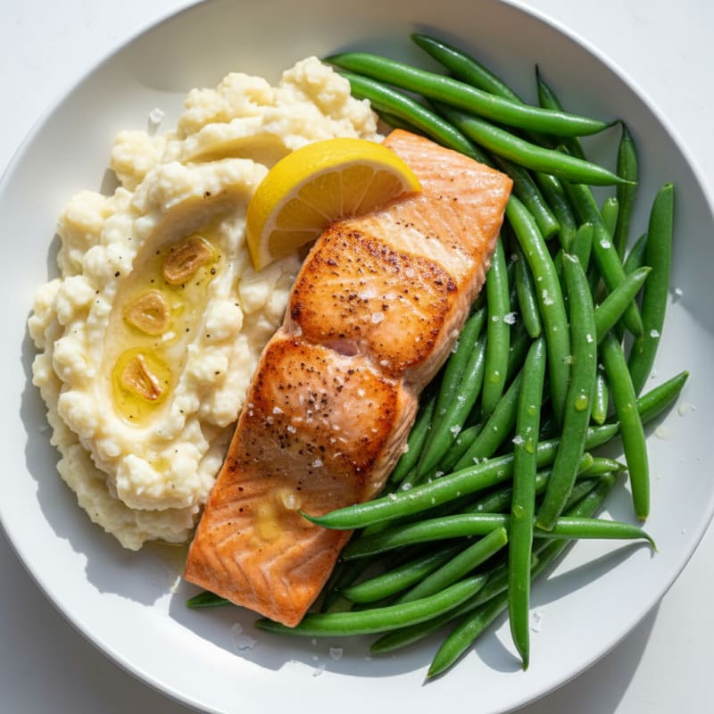 Seared Salmon with Steamed Green Beans and Garlic Mashed Cauliflower