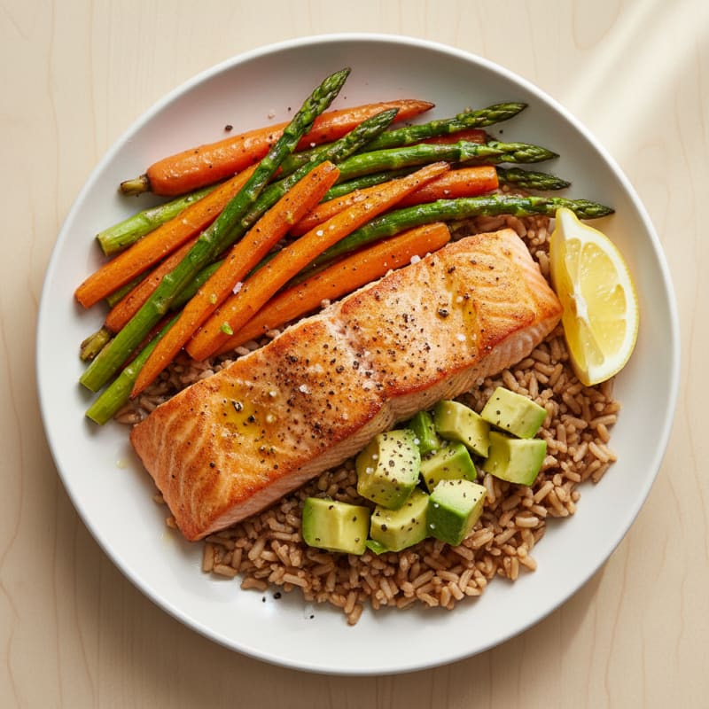 Pan-Seared Salmon with Roasted Vegetables and Avocado