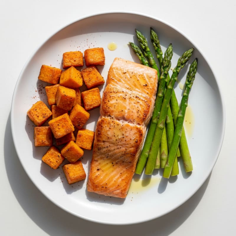 Seared Salmon Fillet with Roasted Sweet Potato and Asparagus