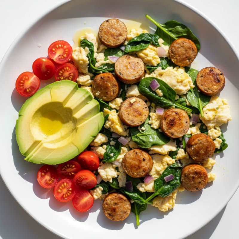 Egg White and Chicken Sausage Scramble with Spinach